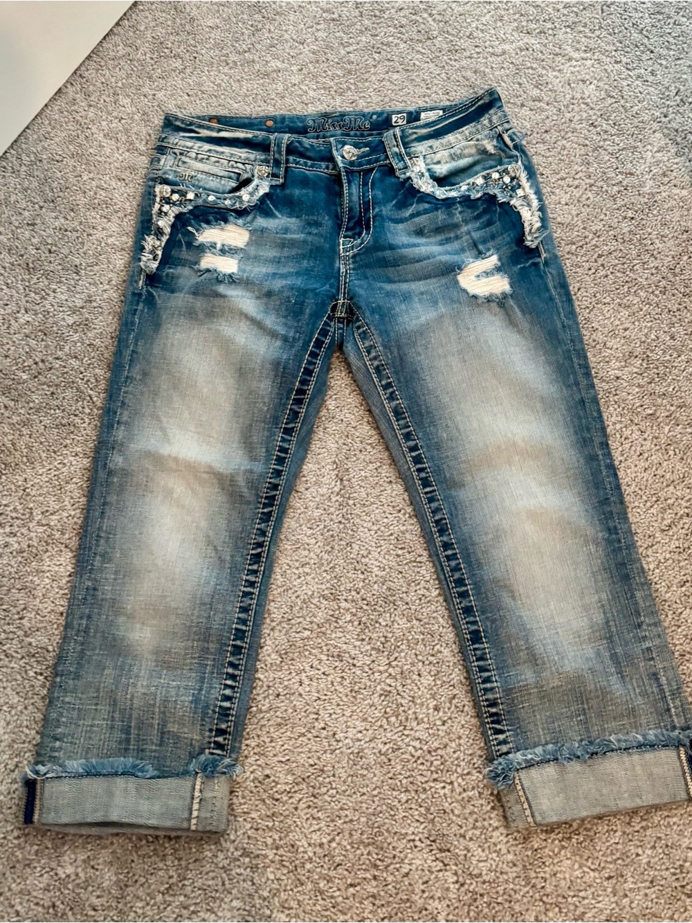 Miss Me Distressed Embellished Cropped Jeans - Blue
